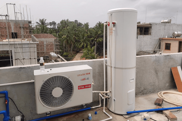 an air source split heat pump water heater is being installed